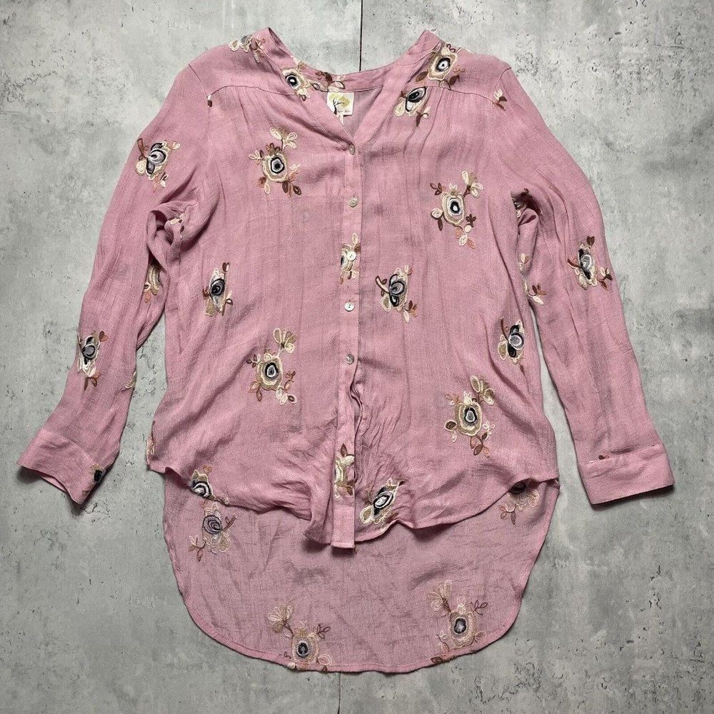 Anthropologie Fig Flower Womens Blouse Top Sz L Mauve Pink Embroidered Floral